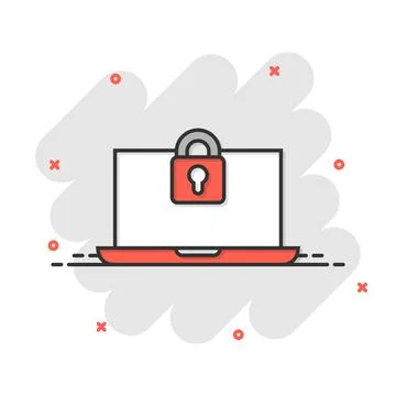 Locker computer icon in comic style. Padlock laptop cartoon vector illustrati Stock Illustration