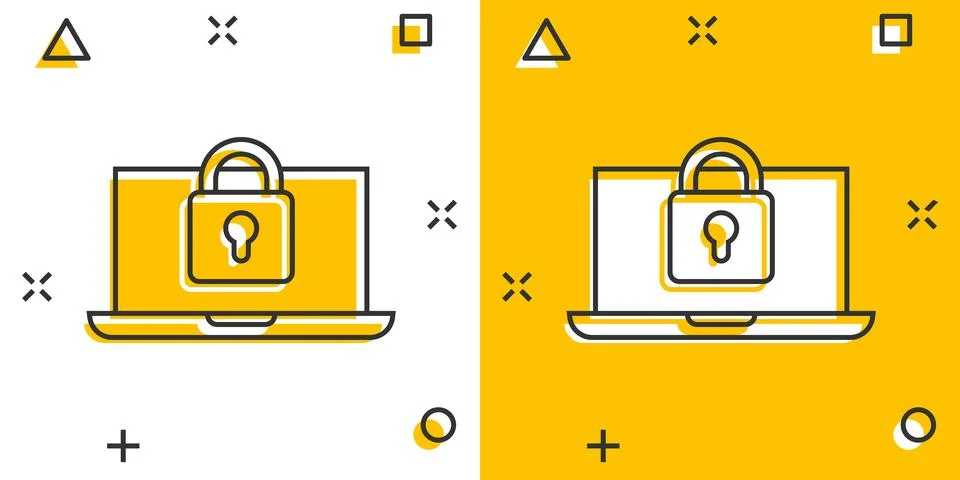 Locker computer icon in comic style. Padlock laptop cartoon vector illustrati Stock Illustration