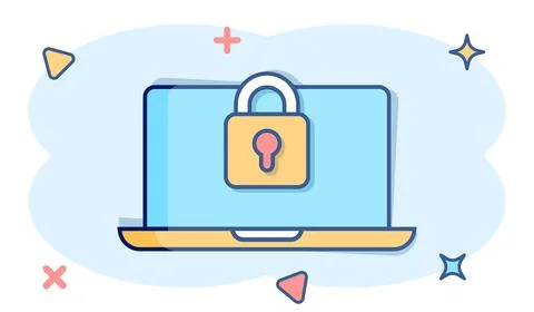 Locker computer icon in comic style. Padlock laptop cartoon vector illustrati Stock Illustration