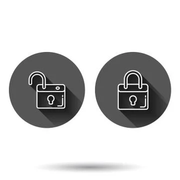 Locker icon in flat style. Padlock password vector illustration on black roun Stock Illustration