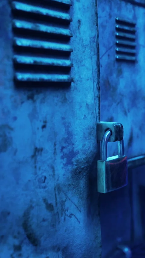 Locker with a padlock in a dimly lit blue environment at a gym Stock Footage 340898378
