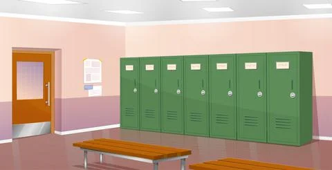 Locker room. Green closets and brown benches. Modern premises in school Stock Illustration