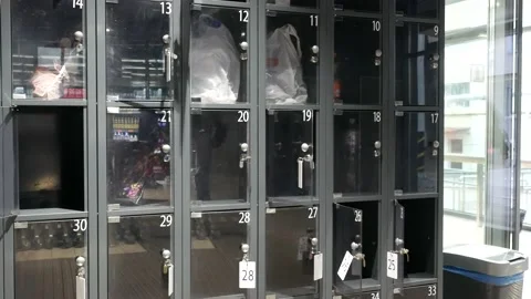 Lockerroom with some empty safe locker in grocery supermarket. Metal lockers Stock Footage 152392810