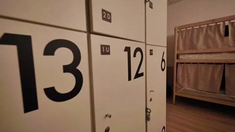 Lockers and bunk beds in hostel room in Moscow Stock Footage 305710408