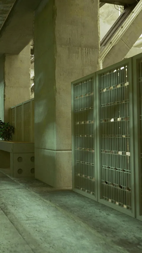 Lockers in a hallway with sunlight coming through the windows in an indoor area Stock Footage 334309813