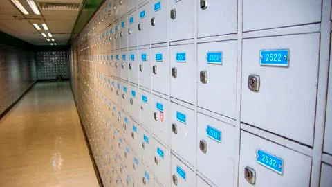 Lockers with keys rows and numbered Stock Photos