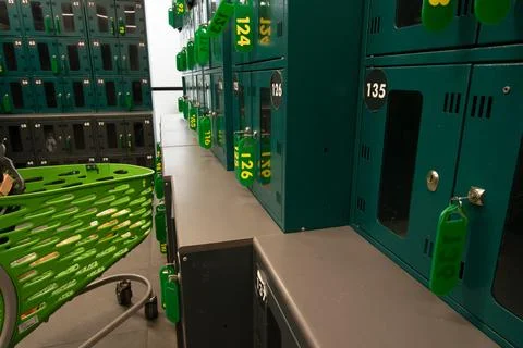 Lockers in a storage area at a facility with green tags for identification .. Stockfoto's
