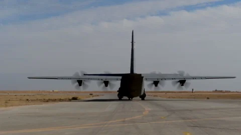 Lockheed C-130 Hercules aircraft takes off from Qayyarah West Airfield - 2016 Stock Footage 88628815