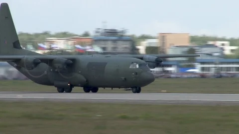 Lockheed C-130 Hercules аmerican military-transport aircraft takes off. Stock Footage 115394893