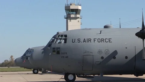 Lockheed C-130 Hercules parked in Ohio Air National Guard - 2016 Stock Footage 89214925