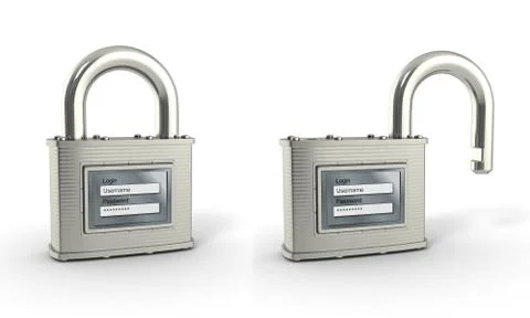 Locking and unlocking padlock with login and password. 3d Illustrazione stock