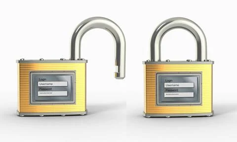Locking and unlocking padlock with login and password. 3d Locking and unlo... Stock Photos