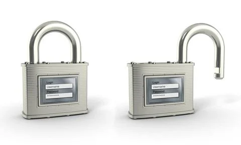 Locking and unlocking padlock with login and password. 3d Locking and unlo... Stock-Fotos
