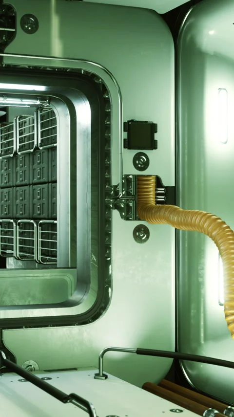 Locking mechanism of a futuristic storage unit in a high tech setting Stock Footage 334188442