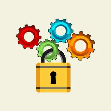 Locking system mechanism concept illustration. Cogwheel gear with padlock con Stock Illustration