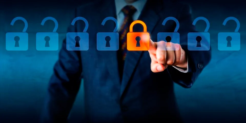 Locking A Virtual Lock In A Lineup Of Open Locks Stock Photos