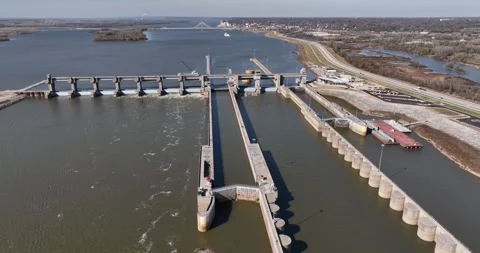 Locks and Dam and a Bridge over the Mississippi River Aerial View Alton Illinois Stock-Footage 335756701