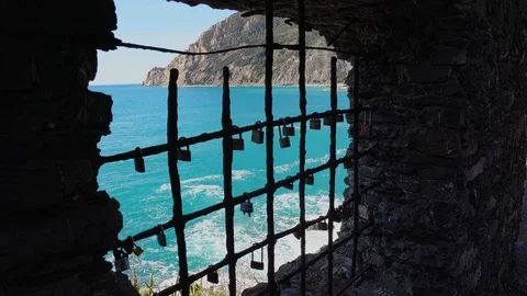 Locks on the beach in Monterosso, Cinque Terre, Italy Stock Footage 113058762