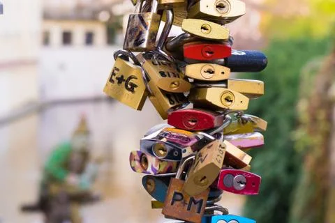 Locks on a bridge for love Stock Photos