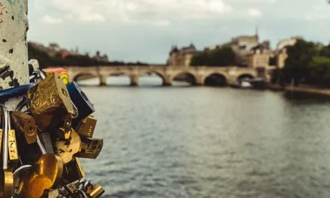 Locks on bridge in Paris Stock Photos