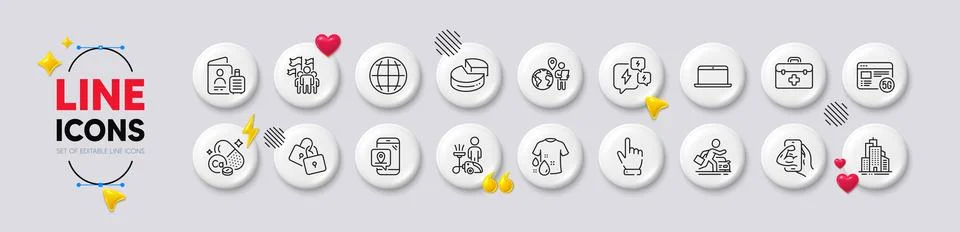 Locks, Cursor and First aid line icons. For web app, printing. White buttons 3d Illustrazione stock
