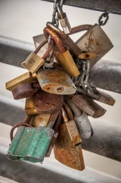 Locks hanging on a bridge Stock Photos