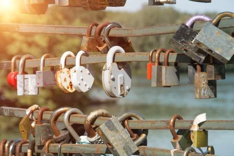 Locks of lovers on the bridge 스톡 사진