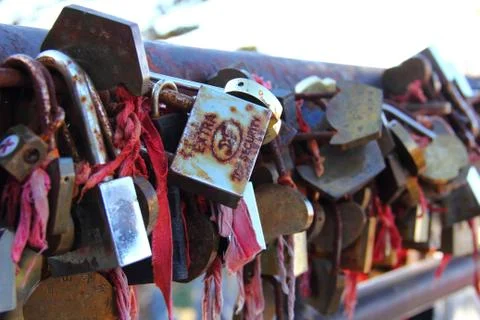 Locks on railing Stock Photos