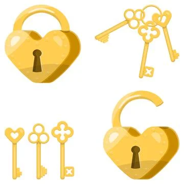 Locks in the shape of a heart closed and open, a bunch of keys Ilustração Stock