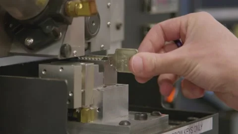 Locksmith Close view of key copying machine with key Automated Machine Stock Footage 161802706