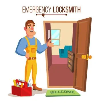 Locksmith Door Service Vector. Professional Master Repairman. Isolated Flat Stock Illustration