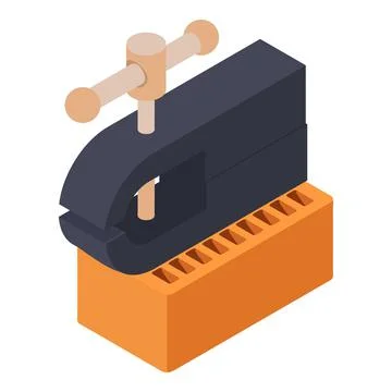 Locksmith equipment icon isometric vector. Bench vise on brown brick block icon Stock Illustration