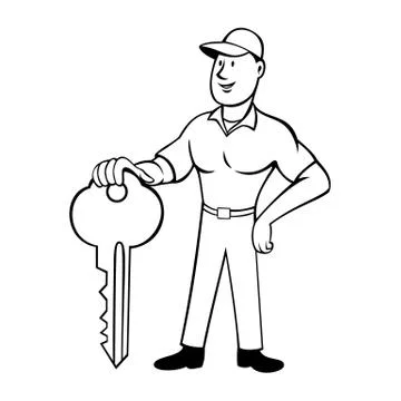 Locksmith or Keymaker Standing and Holding Key Front View Cartoon Black and W Stock Illustration