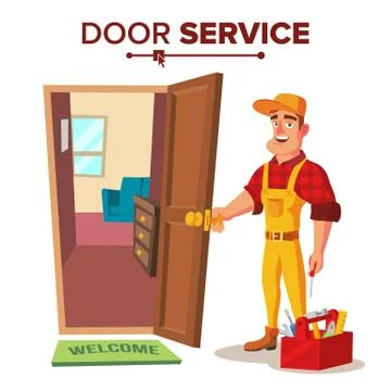 Locksmith Repairman Vector. Unlock The Door Service. Cartoon Character Stock Illustration