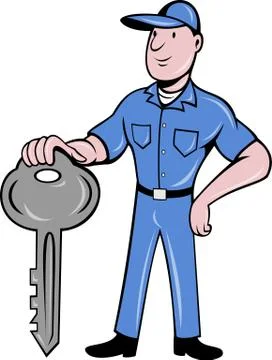 Locksmith standing front view with key Stock Illustration