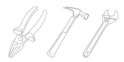 Locksmith tool for work. Drawn hammer, pliers, wrench. Stock Illustration