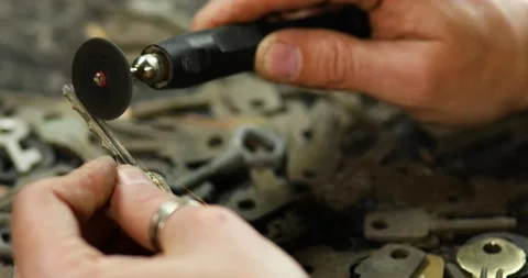 Locksmith in workshop makes new key, use grinding engraving machine Stock Footage 189837399