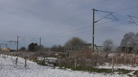 Loco train engine snow winter speed Stock Footage 83364235