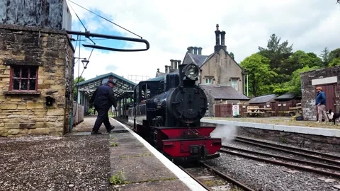 Locomotive engineer walks along the platform beside the Naklo steam engine at Stock Footage 339415687
