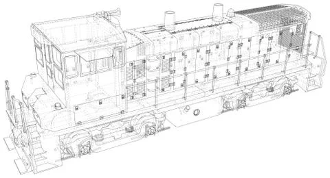Locomotive, Train. EPS10 format. Wire-frame Vector created of 3d Stock-Illustration