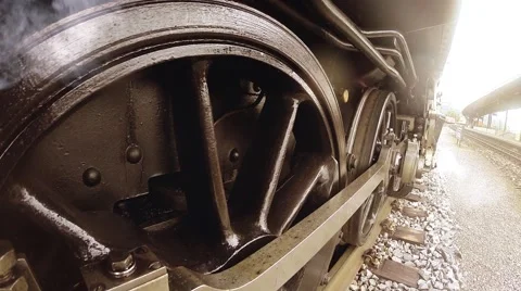 Locomotive train getting in motion. moving off. steel wheels Stock Footage 64540357