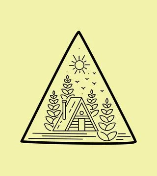 Lodge design in the middle of the forest in monoline art style, badge design, Stock Illustration