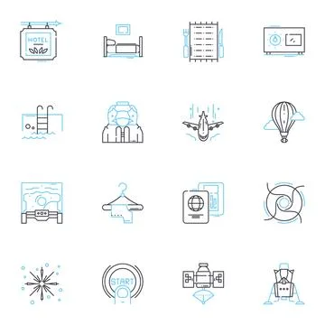 Lodging linear icons set. Accommodation, Homestay, Hostel, Lodge, Inn, Boutique Stock Illustration