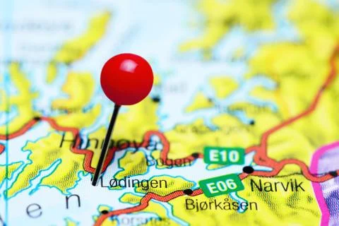 Lodingen pinned on a map of Norway Stock Photos