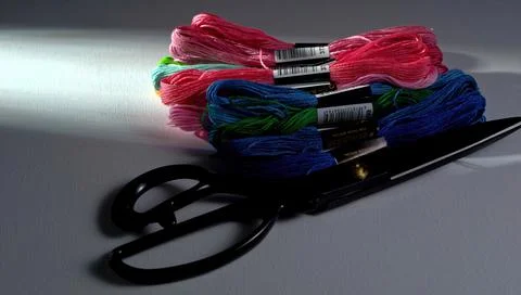 Loewing threads for sewing and various accessories for needlework Stock Photos