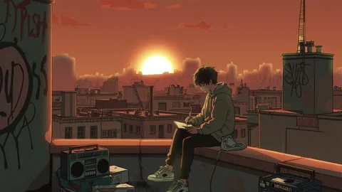 Lofi animation. Seamless loop. Guy writing the song Stock Footage 317027693