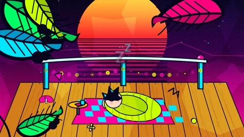 Lofi Animation Sleeping Character On Treehouse Deck Retro Sunset Stock Footage 341174816