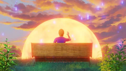 Lofi Boy Sitting Alone On A Bench In A Fantasy Sunset park: Loop Animation Stock Footage 247871553