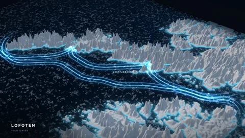 Lofoten 3D White Terrain Relief Map With Glowing Route And Pack Ice 스톡 동영상 343395151