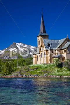 Lofoten cathedral in norway Stock Photos